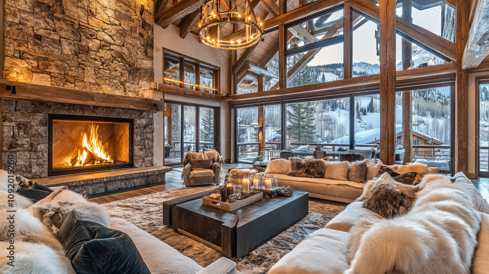 Ski lodge winter living room mockup vaulted ceilings wooden beams stone ...
