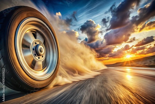 Captivating Close-Up of a Wheel Spin in Motion, Capturing the Dynamic Energy of a Vehicle's Movement on a Dusty Road, Perfectly Framed with Rule of Thirds Composition photo