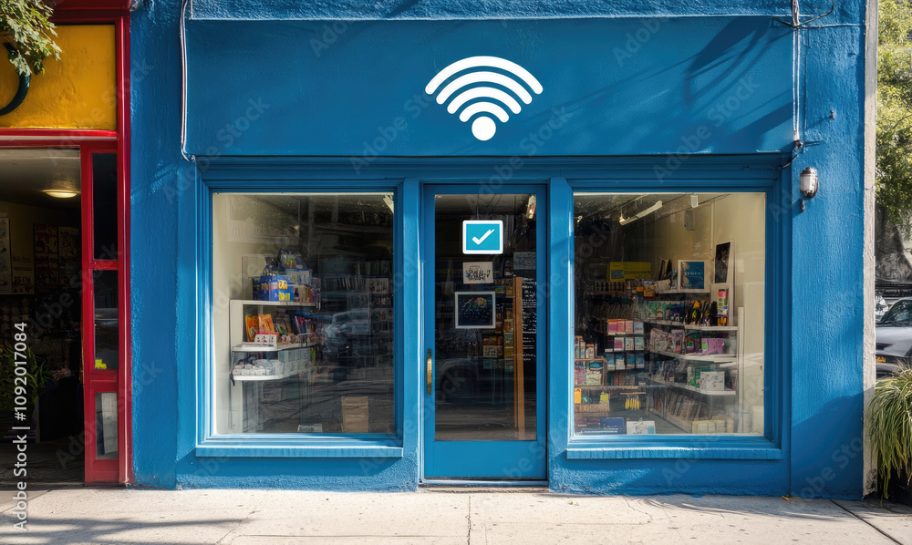 Obraz premium Small blue store offers books and magazines inside Front window displays WiFi checkmark symbols