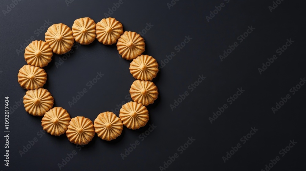 Obraz premium Round shortbread cookies arranged in circular form on dark background