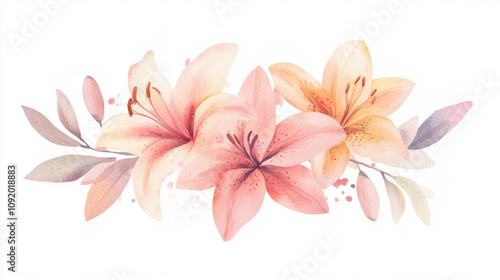 A delicate watercolor illustration of pink lilies and soft leaves, perfect for floral designs and art.
