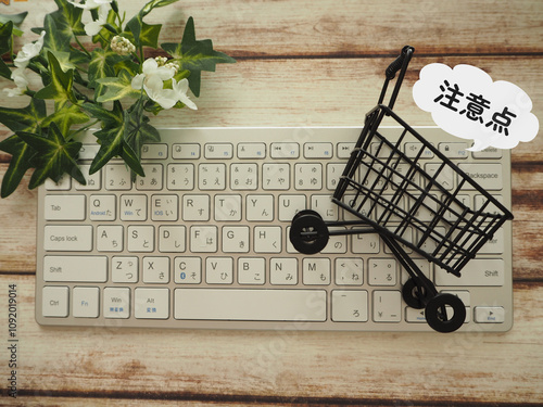 買い物カートに注意点の文字　買い物する時の注意事項