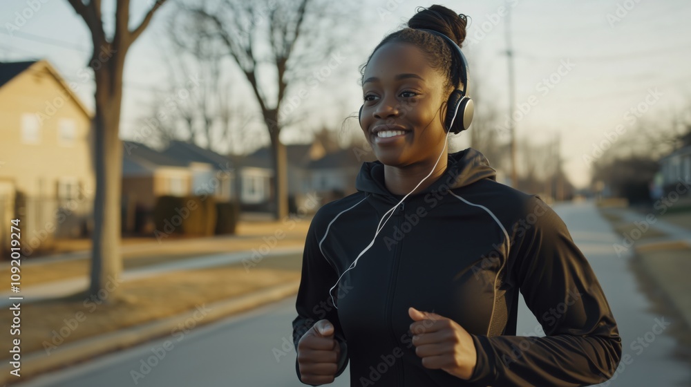 Fototapeta premium Black woman jogging through quiet neighborhood at sunrise, concept of suburban fitness routine