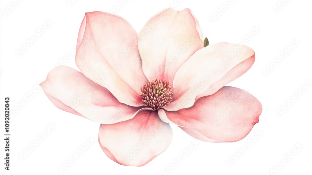 Naklejka premium A delicate pink magnolia flower with soft petals and a central cluster of stamens, showcasing natural beauty and elegance.