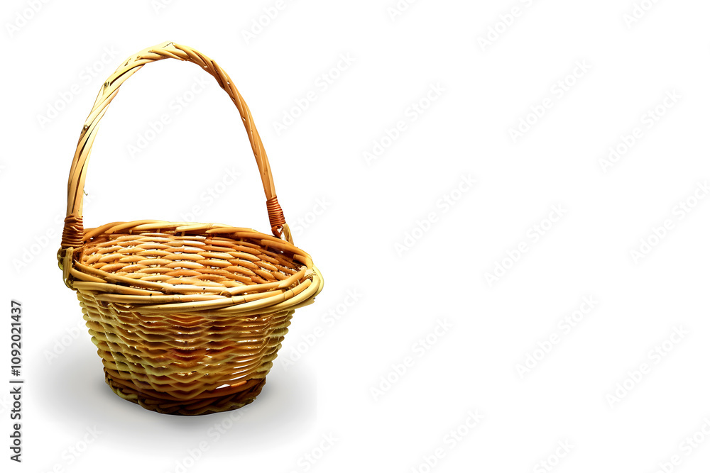 Minimalist Rustic Handmade Wicker Basket with Shadow Isolated on White – Perfect for Decor and Storage, Natural Craft Design for E-commerce, Home Decor, Product Catalogs, Blogs, Social Media, Ads