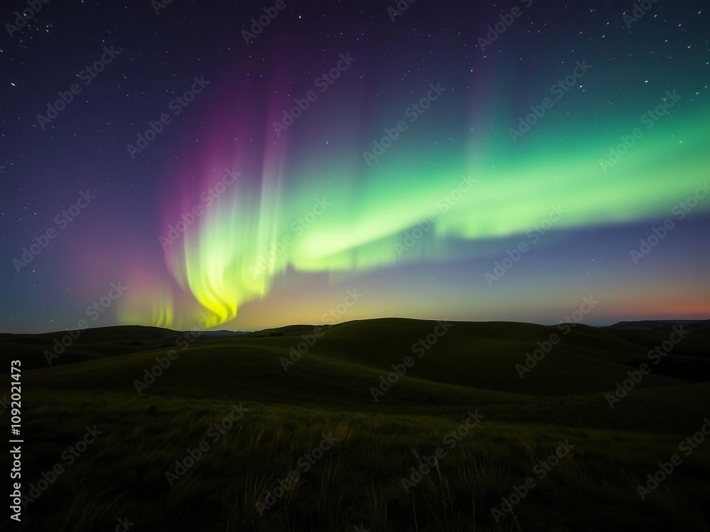 Aurora borealis illuminates the night sky over a rolling hill landscape, aurora borealis, natural wonder, light display Aurora borealis illuminates the night sky over a rolling hill landscape, aurora borealis, natural wonder, light display