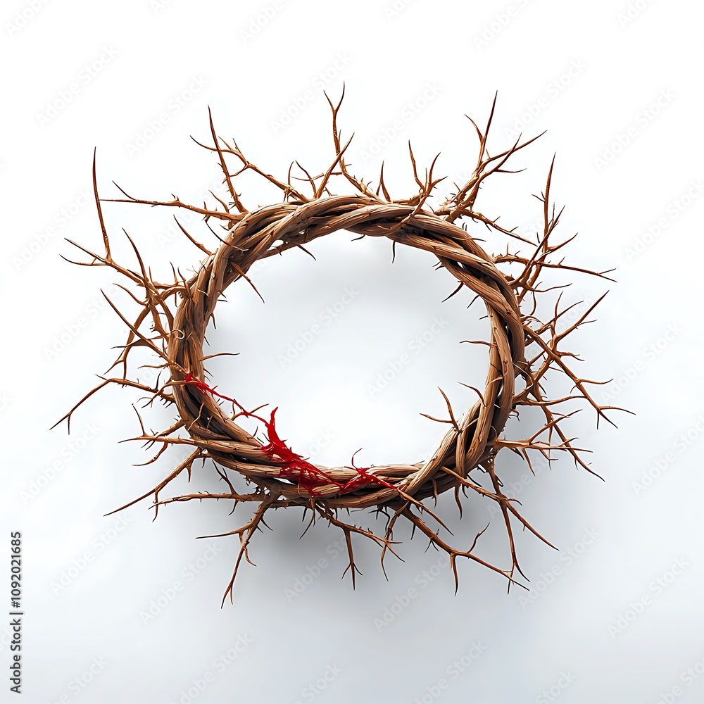 Fototapeta premium A detailed illustration of a twisted crown of thorns, symbolizing the suffering and sacrifice of Jesus Christ, depicted against a stark white background.