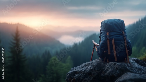 Serene Landscape with a Hiking Backpack Overlooking Mountains at Sunrise, Ideal for Adventure Travel and Outdoor Enthusiasts Seeking Inspiration photo