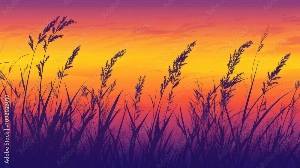 Silhouetted Grass Against a Vivid Sunset Sky with Rich Orange and Purple Hues, Evoking Tranquility in Nature's Evening Canvas Silhouetted Grass Against a Vivid Sunset Sky with Rich Orange and Purple Hues, Evoking Tranquility in Nature's Evening Canvas