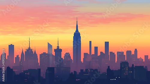 Cityscape Silhouette at Sunset Over New York City