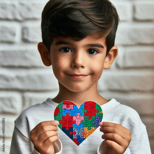 Niño latino con autismo sonriente sosteniendo un corazón de colores de puzzle photo