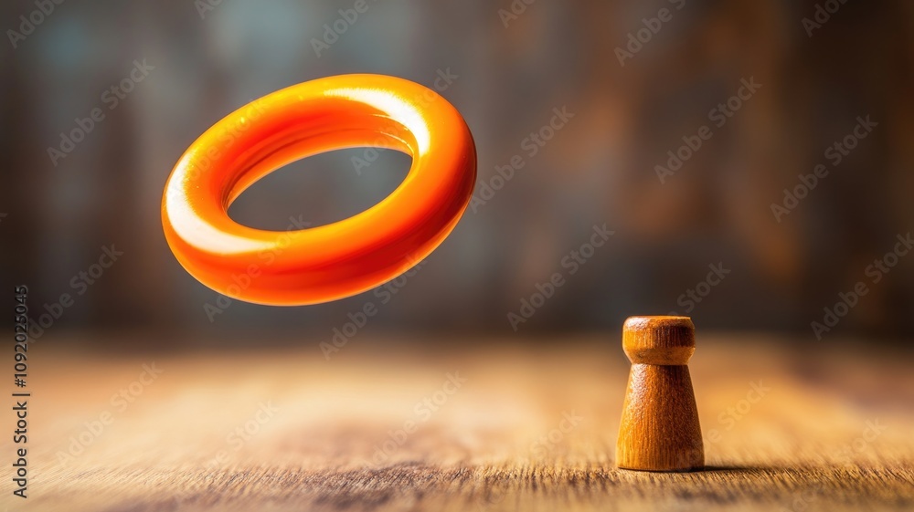 Orange ring floats above wooden peg on table Orange ring floats above wooden peg on table