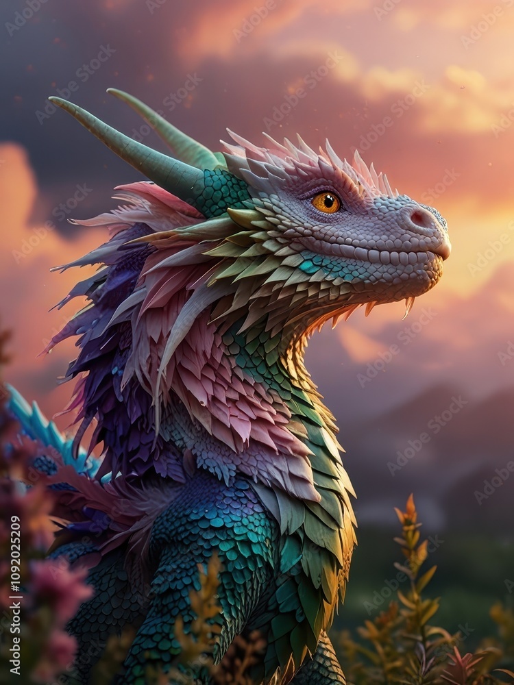 Obraz premium Majestic Dragon with Iridescent Scales Soaring Through a Dreamy Cloud-Filled Sky