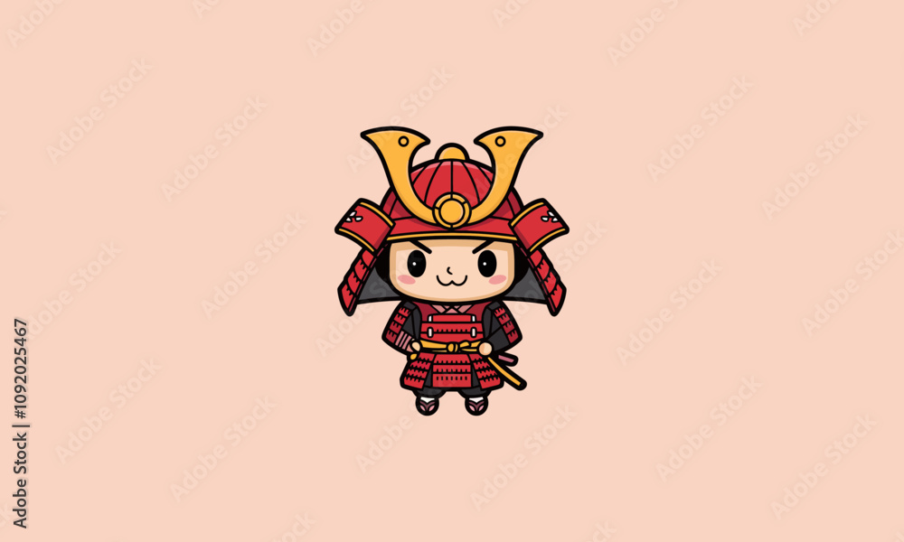 Naklejka premium Chibi samurai in red armor with swords on peach background