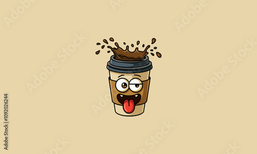 Funny coffee cup character splashing coffee enthusiastically