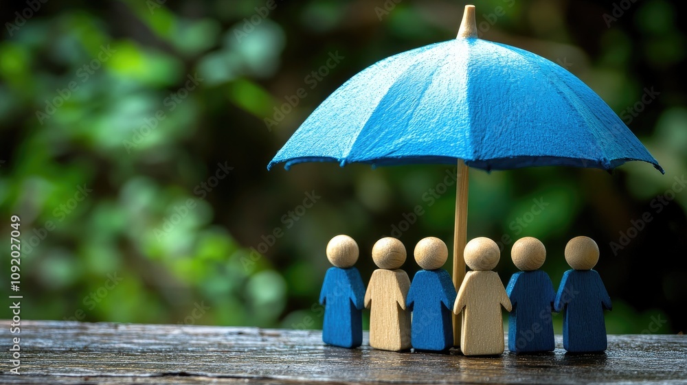 custom made wallpaper toronto digitalWooden figures standing under blue umbrella, symbolizing protection and unity