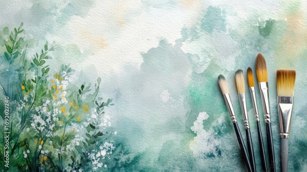 Fototapeta premium Watercolor painting with floral elements and paintbrushes