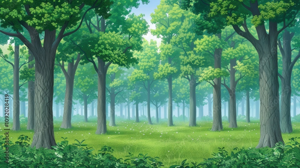 Obraz premium A serene, lush forest scene with vibrant green trees and soft light filtering through, creating a peaceful and inviting atmosphere.