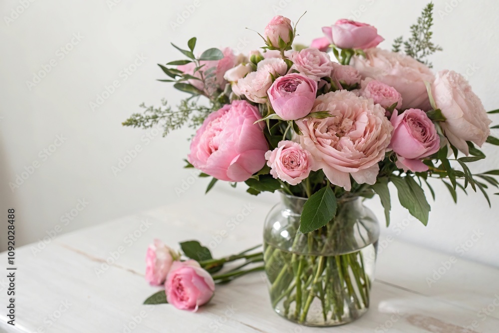 Obraz premium Delicate pink peonies and roses arranged in a vase with a minimalist background for visual appeal, roses, floral decor, flower arrangement ideas, bouquet, garden flowers