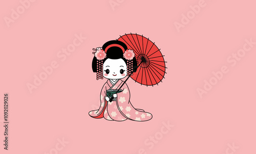 Adorable geisha in kimono holding umbrella on pink background.