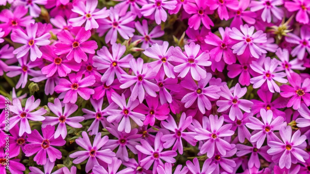 Fototapeta premium Close up background of moss pink or creeping phlox flowers from a top view, moss pink, creeping phlox, phlox subulata, background