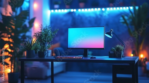 Stylish Neon-Lit Modern Home Office Workspace, Low-light Dim Room Scene, RGB-Lit Computer Setup: For Streaming, Zoom Virtual Meetings, YouTube Digital Channel Background, Modern Studio Backdrop photo