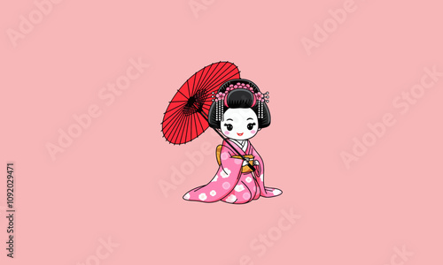 Adorable geisha in kimono holding umbrella on pink background.