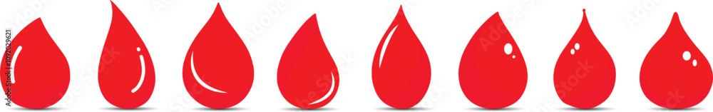 Obraz premium Set of blood drop icons. Red blood droplet vector icon isolated on white background use for medical apps and websites. Blood donation concept. 