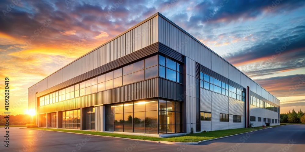 Obraz premium Modern industrial building with sleek architecture and large windows, illuminated by the warm light of the setting sun