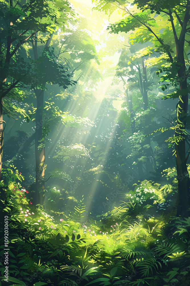Obraz premium Lush greenery and dappled sunlight in an enchanted forest, creating a calming and picturesque smartphone wallpaper, made with generative ai