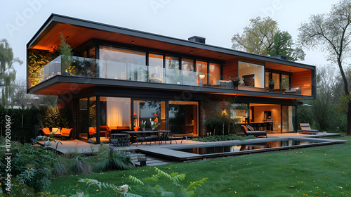 A luxurious modern house with expansive windows illuminated by warm lights, accompanied by a large swimming pool, exemplifying elegance and comfort.

