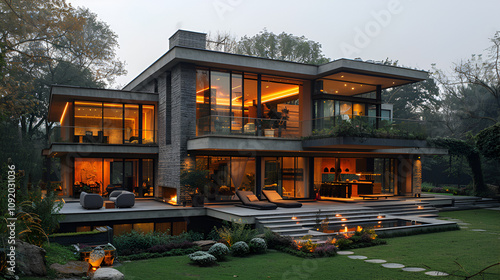 A luxurious modern house with expansive windows illuminated by warm lights, accompanied by a large swimming pool, exemplifying elegance and comfort.
