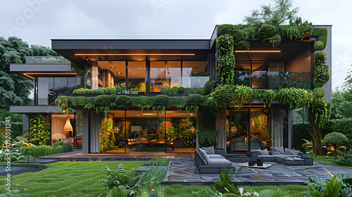 A luxurious modern house with expansive windows illuminated by warm lights, accompanied by a large swimming pool, exemplifying elegance and comfort.
