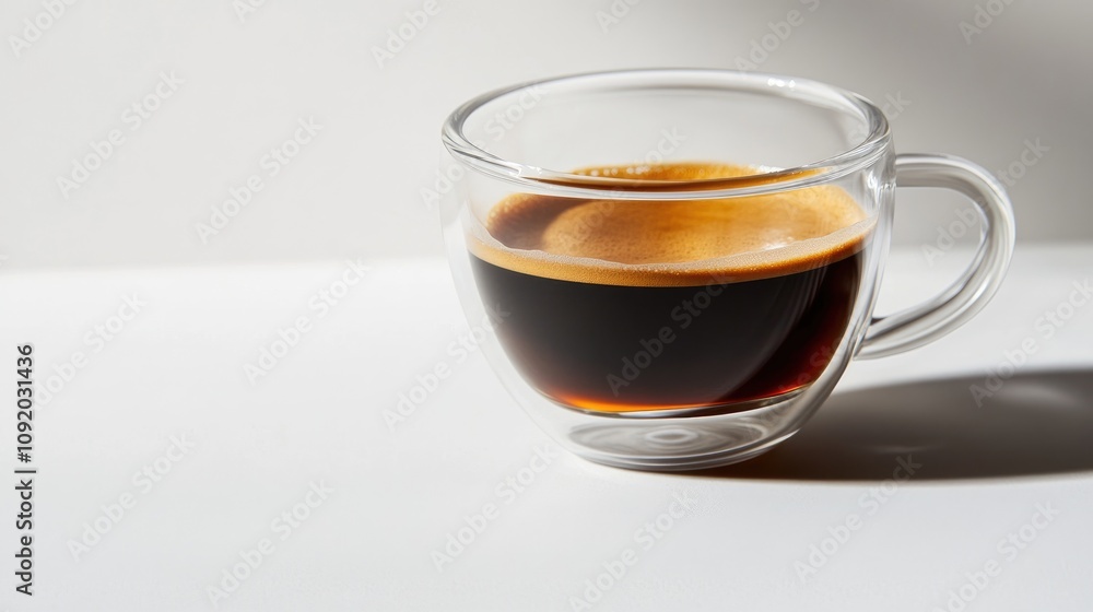 Freshly Brewed Espresso in Clear Glass Cup on Minimalist White Surface with Soft Shadow, Perfect for Coffee Lovers and Aesthetic Beverage Photography Freshly Brewed Espresso in Clear Glass Cup on Minimalist White Surface with Soft Shadow, Perfect for Coffee Lovers and Aesthetic Beverage Photography