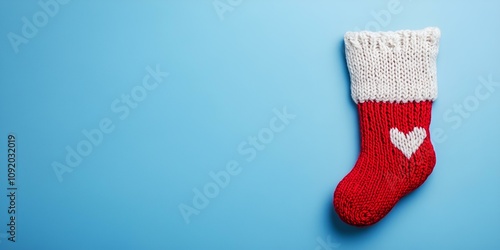 An adorable knitted stocking on the right side, isolated on a panoramic blue background, perfect for adding personalized text.