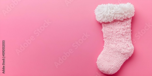 A cozy knitted sock, positioned on the right side, set against a panoramic pink background with space for text.