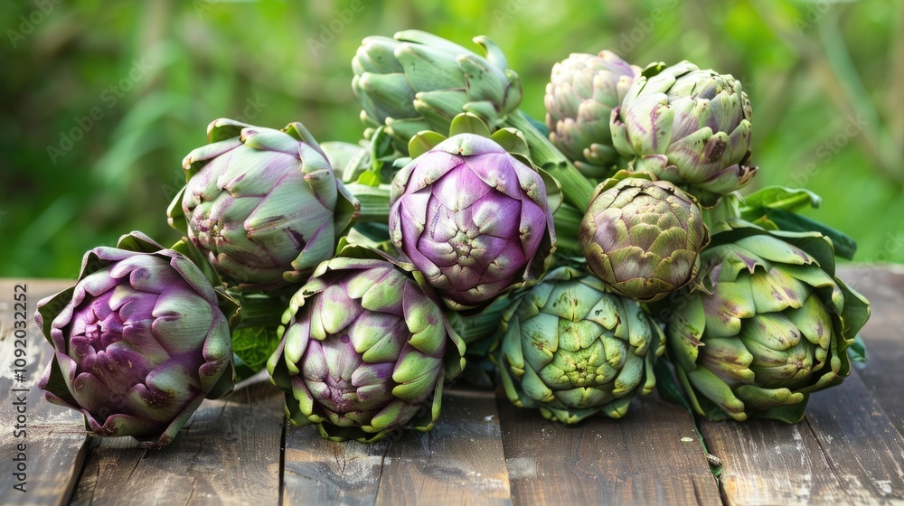 Fototapeta premium Fresh Artichokes on Wooden Table