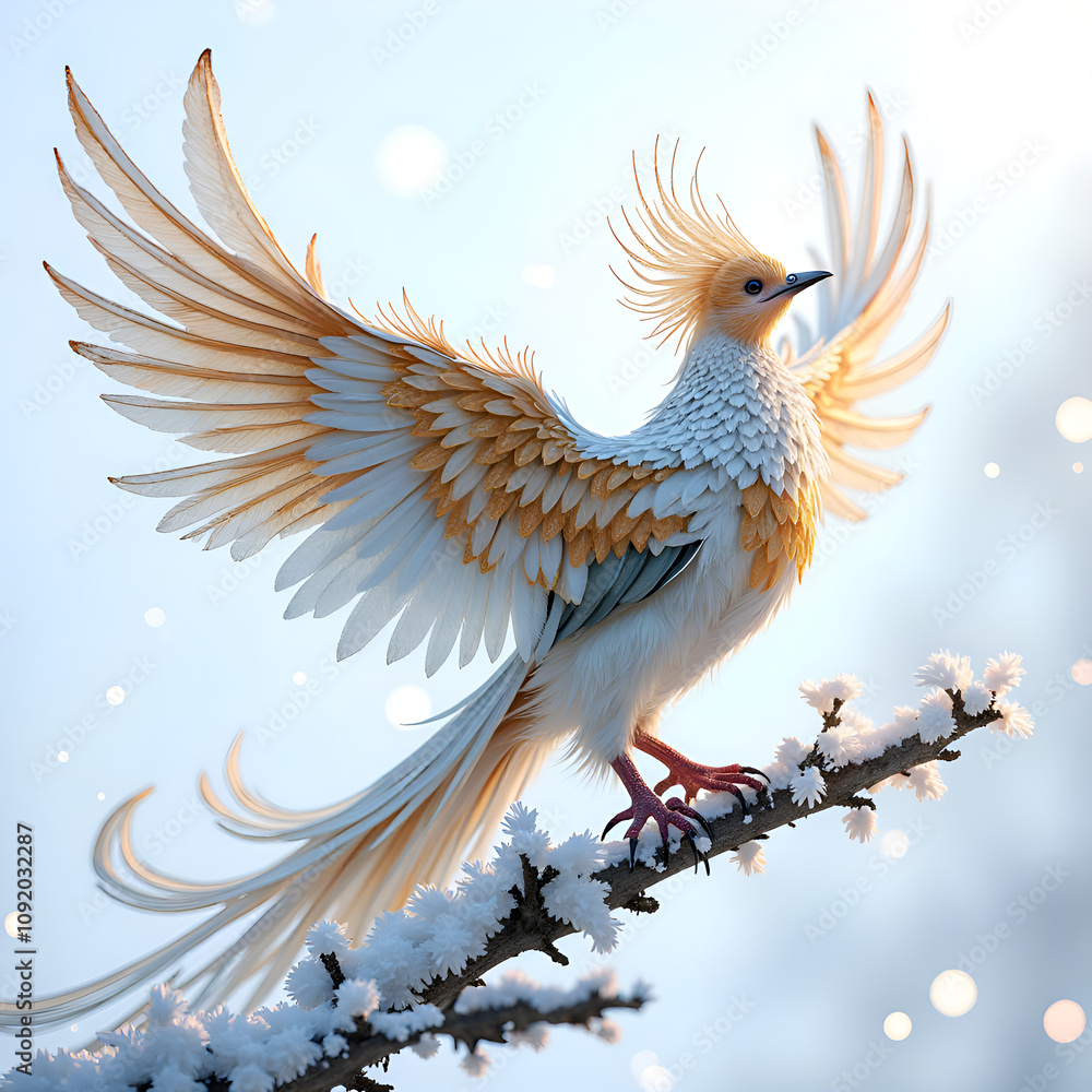 Obraz premium Majestic bird with radiant feathers glides gracefully amidst a winter wonderland, digital art of fantasy concept.