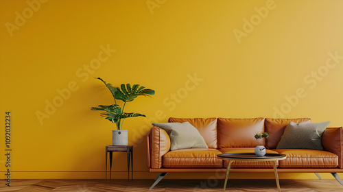 A vibrant yellow sofa anchors a minimalist living space, accented by lush greenery and modern decor.
