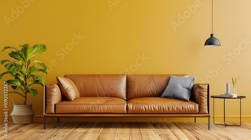 A vibrant yellow sofa anchors a minimalist living space, accented by lush greenery and modern decor.
