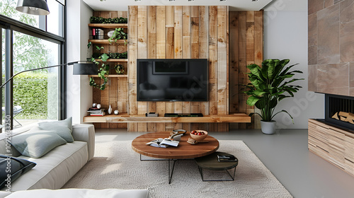 Cozy Living Room Interior with Brown Leather Sofa and TV.
