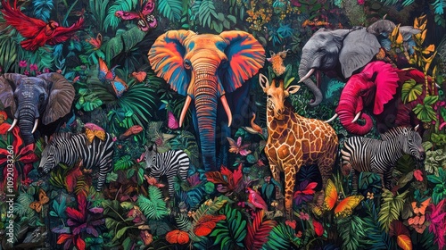 A vibrant and richly detailed artwork featuring a variety of jungle animals, including elephants, zebras, and giraffes, capturing the diversity and beauty of the wild in a mode photo