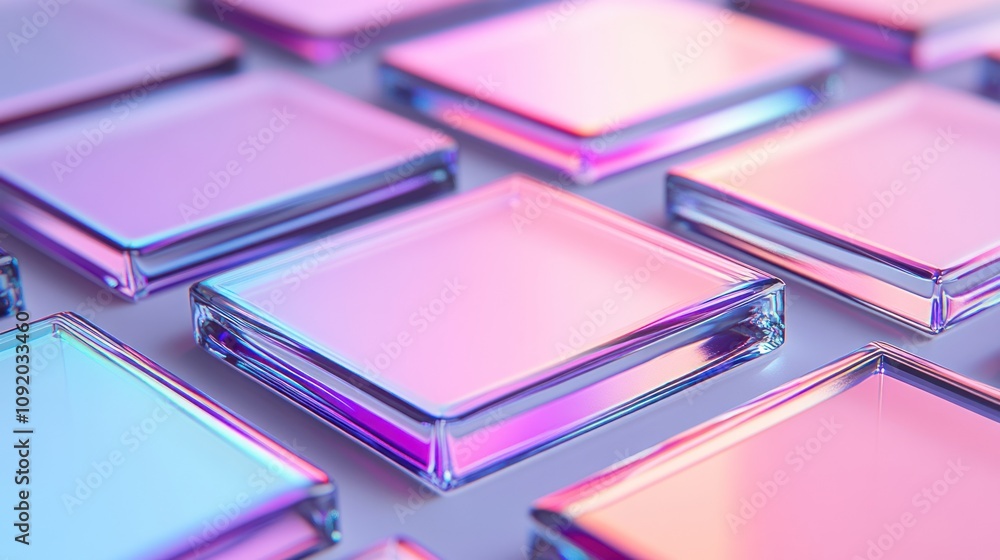 A few glass squares on a white pink background, 3D render style. A few glass squares on a white pink background, 3D render style.