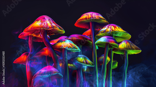 Colorful generative ai collage of bright glossy mushrooms in night magical woods
