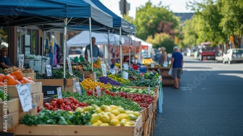 Capture a farmer's market in the morning, with vendors setting up their stands.