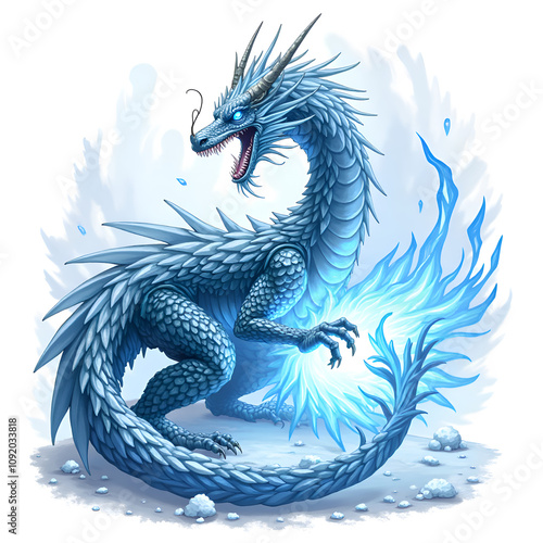 Majestic frostfire dragon breathing blue flames surrounded by ice and snow, digital art of fantasy creature concept. photo