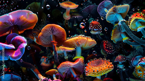 Colorful generative ai collage of bright glossy mushrooms in night magical woods
