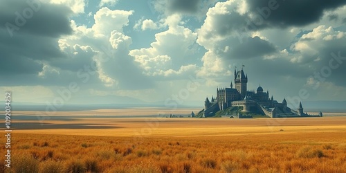 Epic fantasy landscape with a vast, open plain in the background and a majestic castle at the horizon, forest, castle
