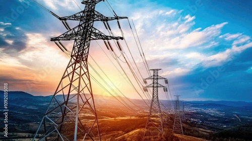 High Voltage Power Lines Stretching Across Scenic Landscape at Sunset with Colorful Skies and Rolling Hills in the Background photo