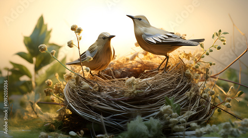portrait of a small important Sparrow chick sitting in a nest in a summer Sunny garden waiting for parents
